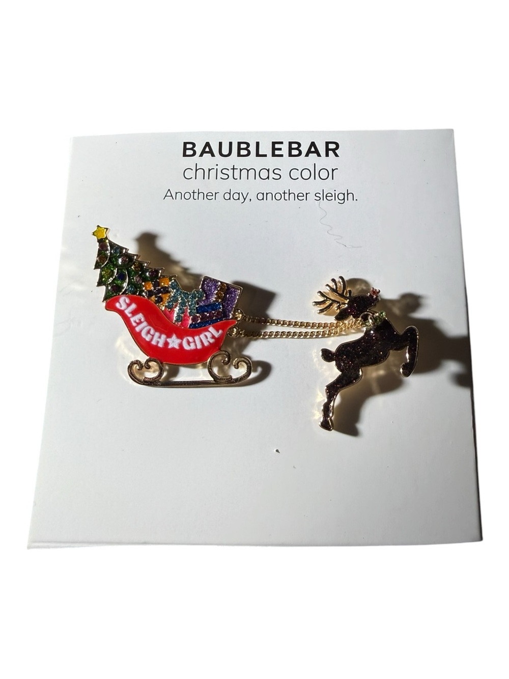 BaubleBar Sleigh Girl Christmas Pin Brooch Reindeer Sleigh Holiday Jewelry NEW